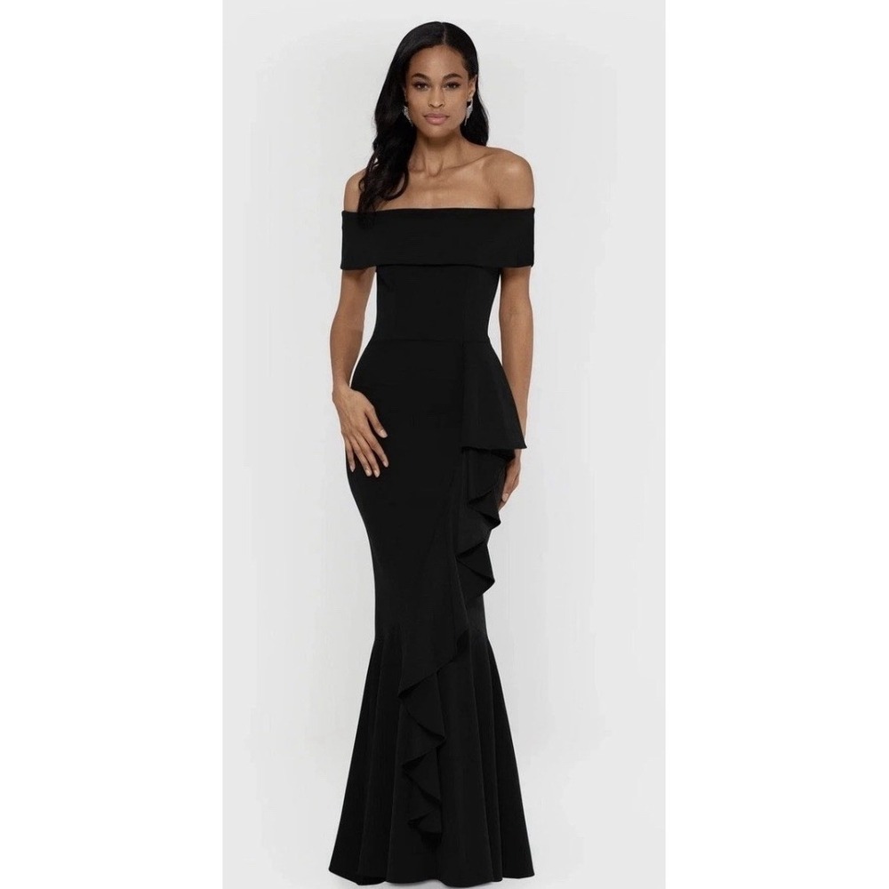 Betsy & Adam BLACK OFF THE SHOULDER Crepe RUFFLE Mermaid GOWN Size 2 Petite